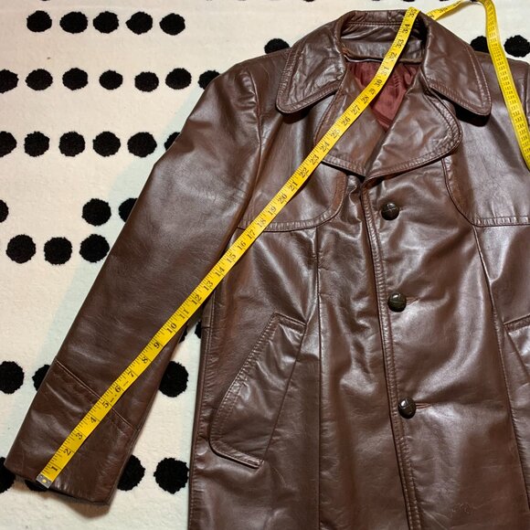 Vintage 70s Chocolate Brown Disco Leather Jacket Retro Mod Trench Coat - Picture 12 of 13